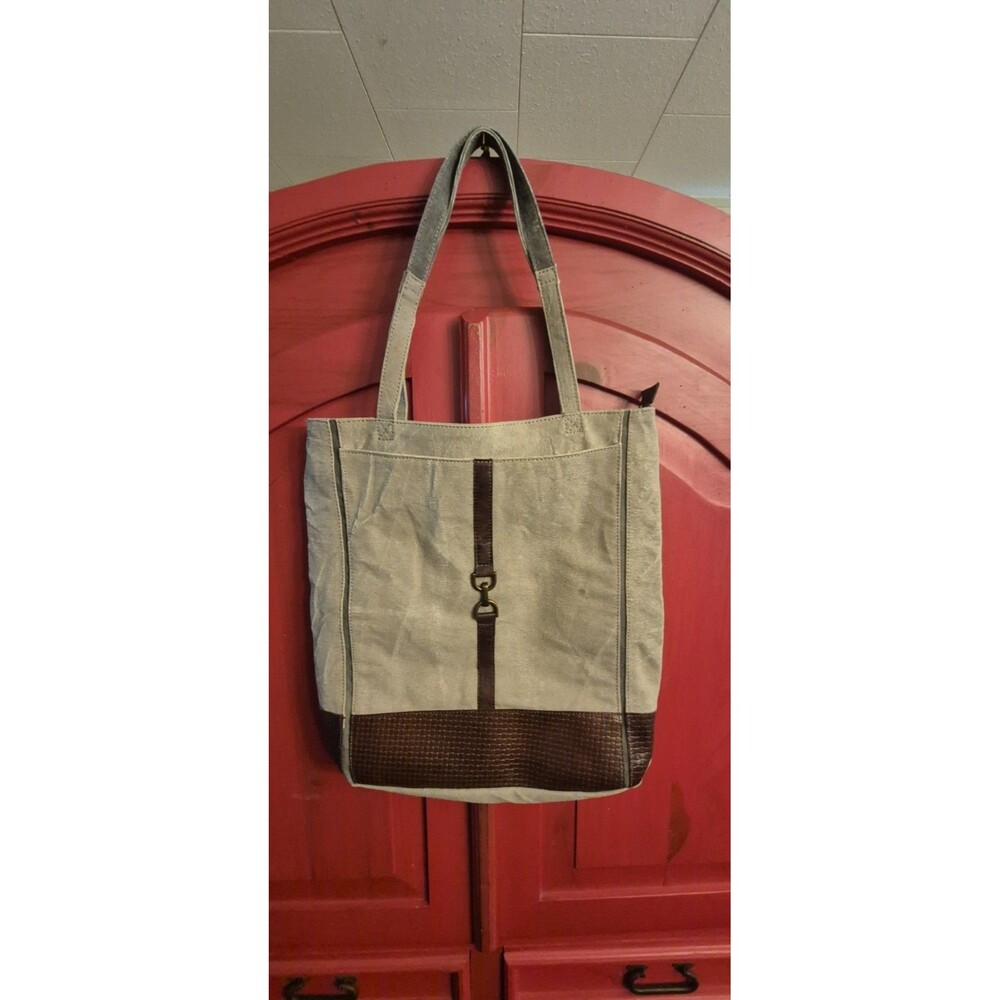 Mona B Upcycled Canvas Tote Bag Brown Faux Croc Trim Distressed Shoulder Handbag